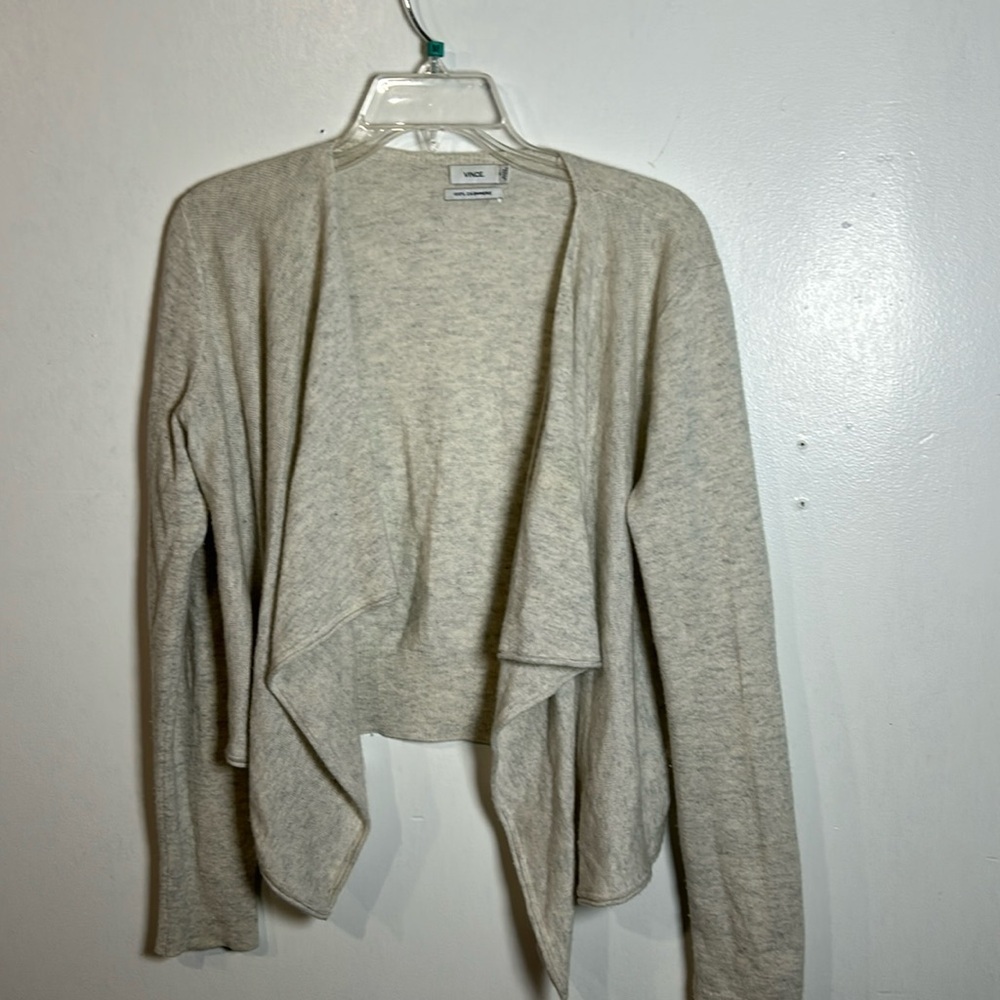 Vince women’s 100% cashmere gray tan open front cascade short cardigan m